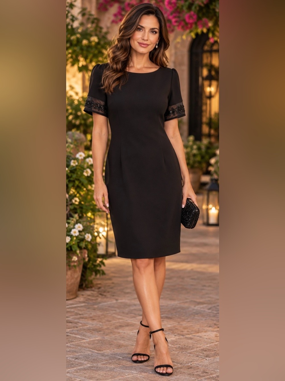 Plaza South Black Beaded Sleeve Sheath Cocktail Dress Size 10